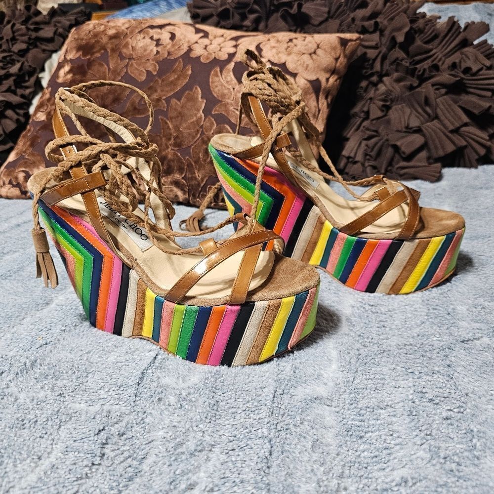 Jimmy Choo "Pearl" Rainbow Leather Espadrill Wedge Heels in EXCELLENT condition - Picture 4 of 9